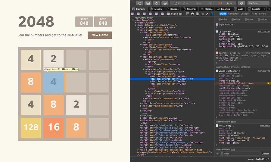 2048, a real HTML5 game inspected in browser devtools