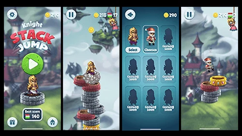 Knight - Stack Jump mobile UI by Game-Ace, a four-screen collage