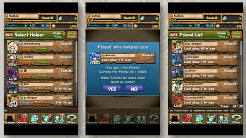 Rage of Bahamut mobile UI, a three-screen collage
