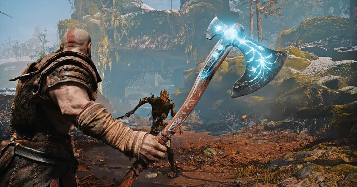 Kratos and the Leviathan Axe, an iconic readable weapon silhouette