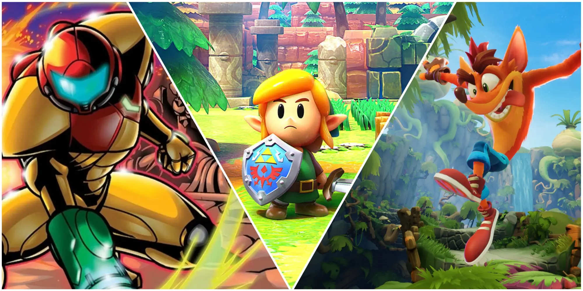 A collage of recent video game remakes: Metroid, The Legend of Zelda, Crash Bandicoot
