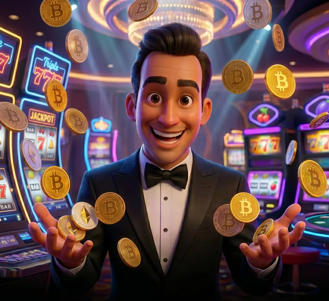 Animated casino player surrounded by slot machines and Bitcoin coins for crypto casino games
