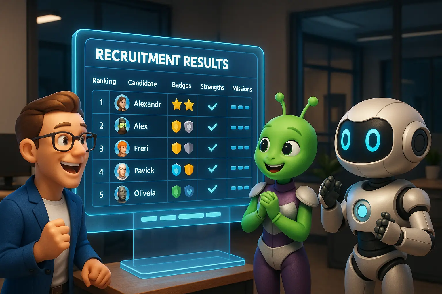 A gamified recruitment results concept with badges and rankings