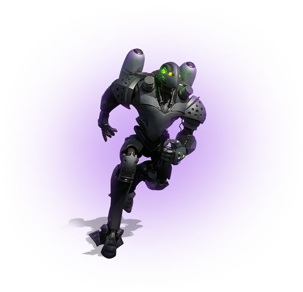 Futuristic game robot running through a purple portal