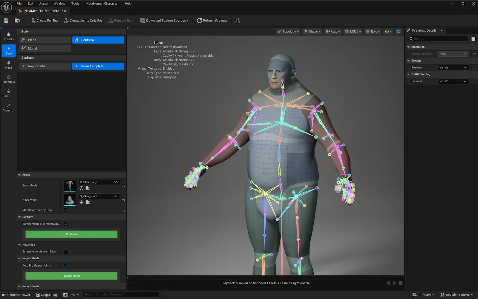 MetaHuman body conforming and character rig setup in Unreal Engine