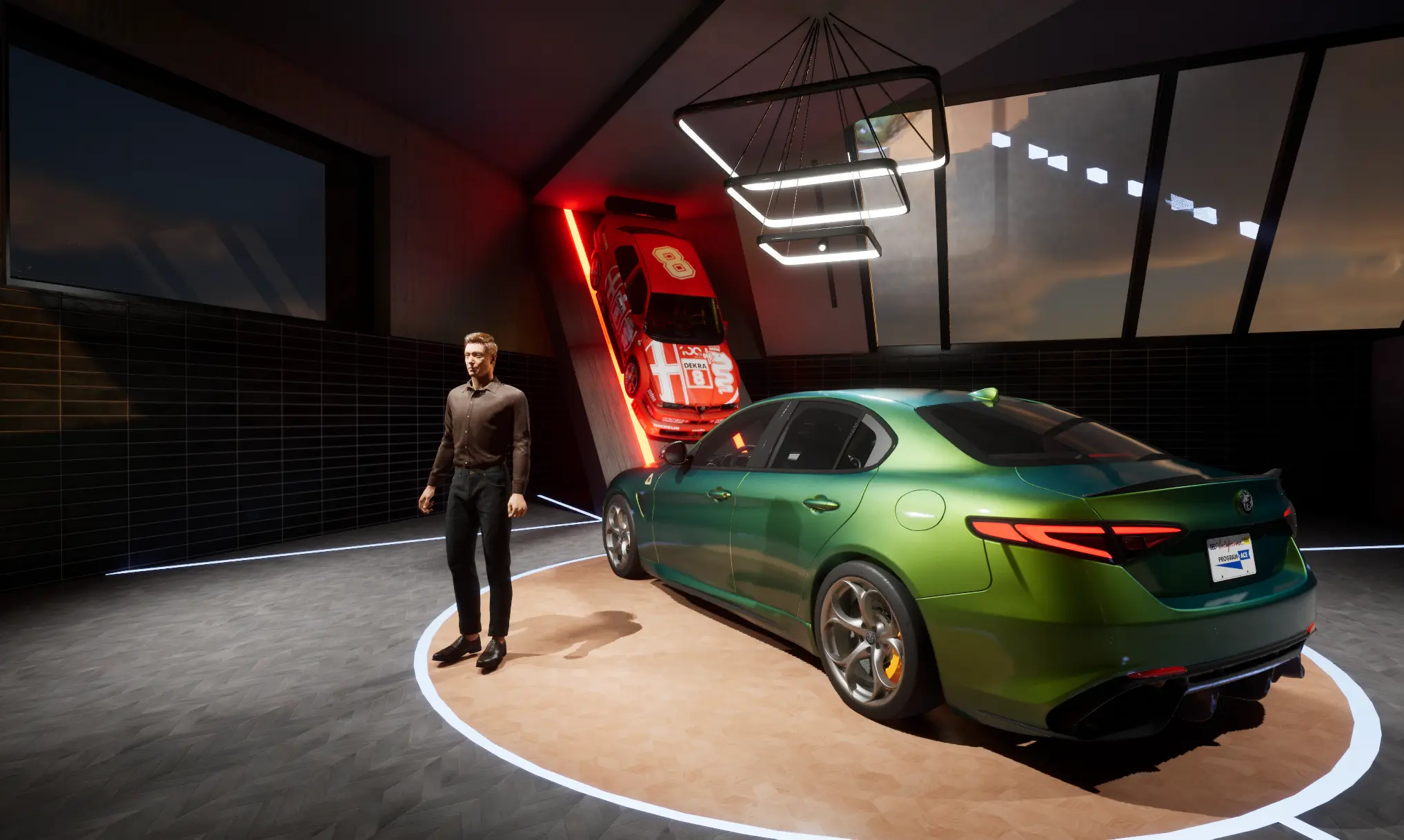 MetaHuman game character standing near realistic cars in Unreal Engine scene