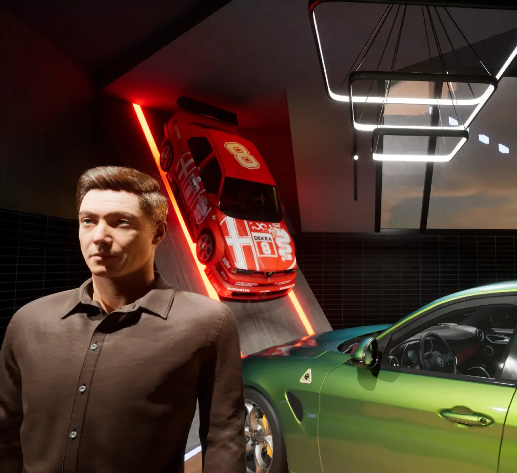 Metahuman game character standing near realistic cars in unreal engine scene