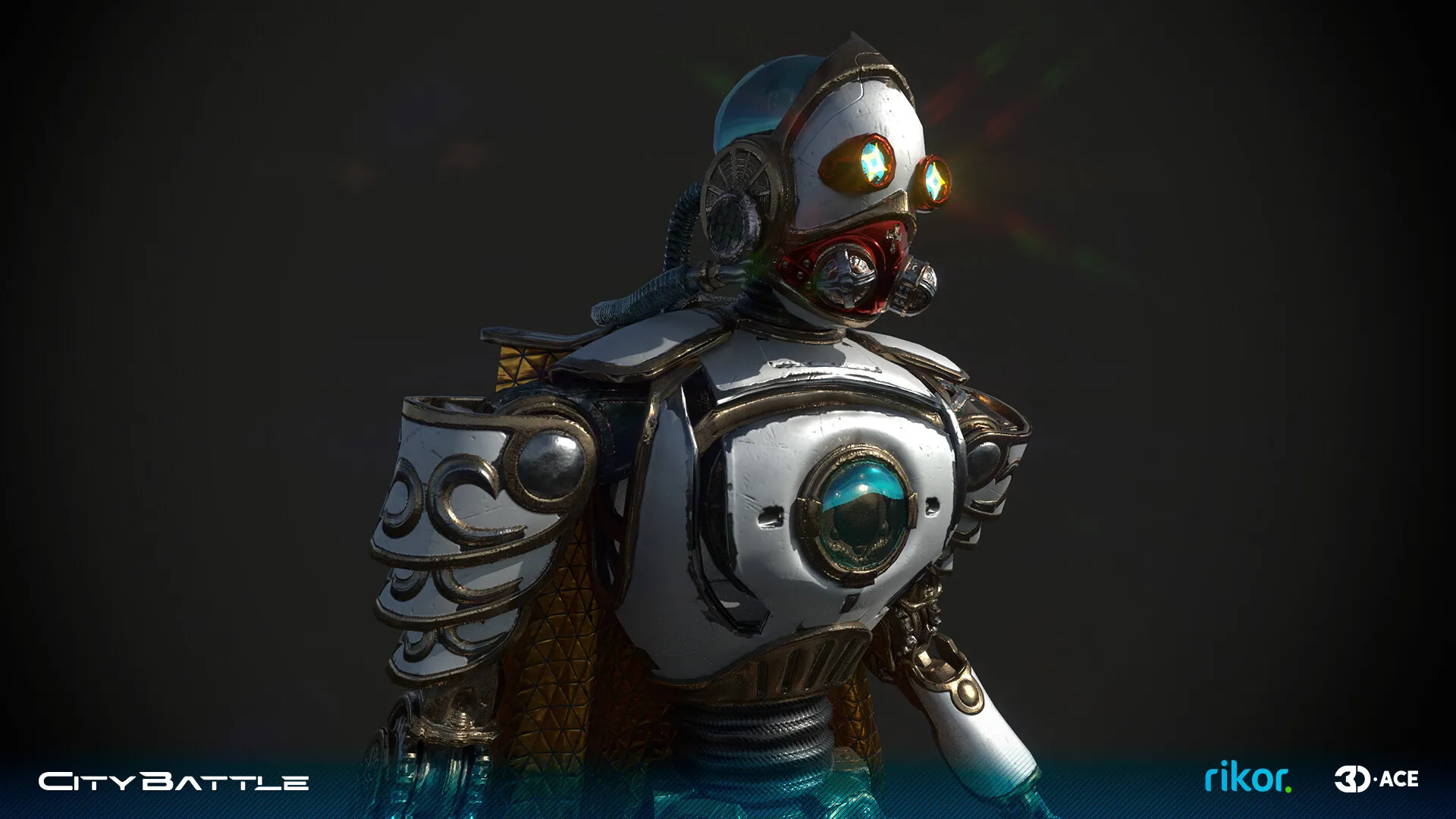 White robotic game character with glowing eyes