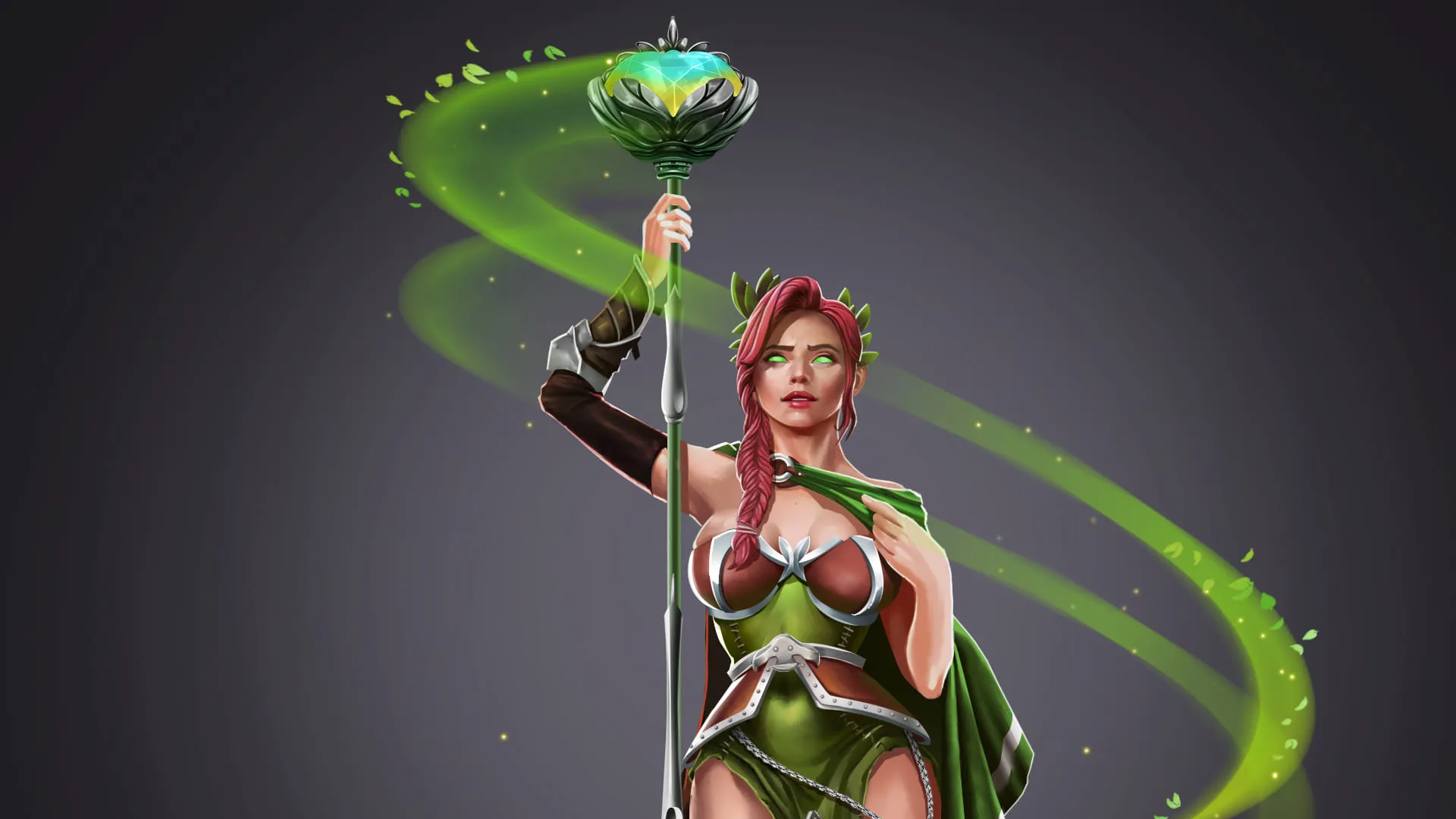 Green fantasy game character with nature magic