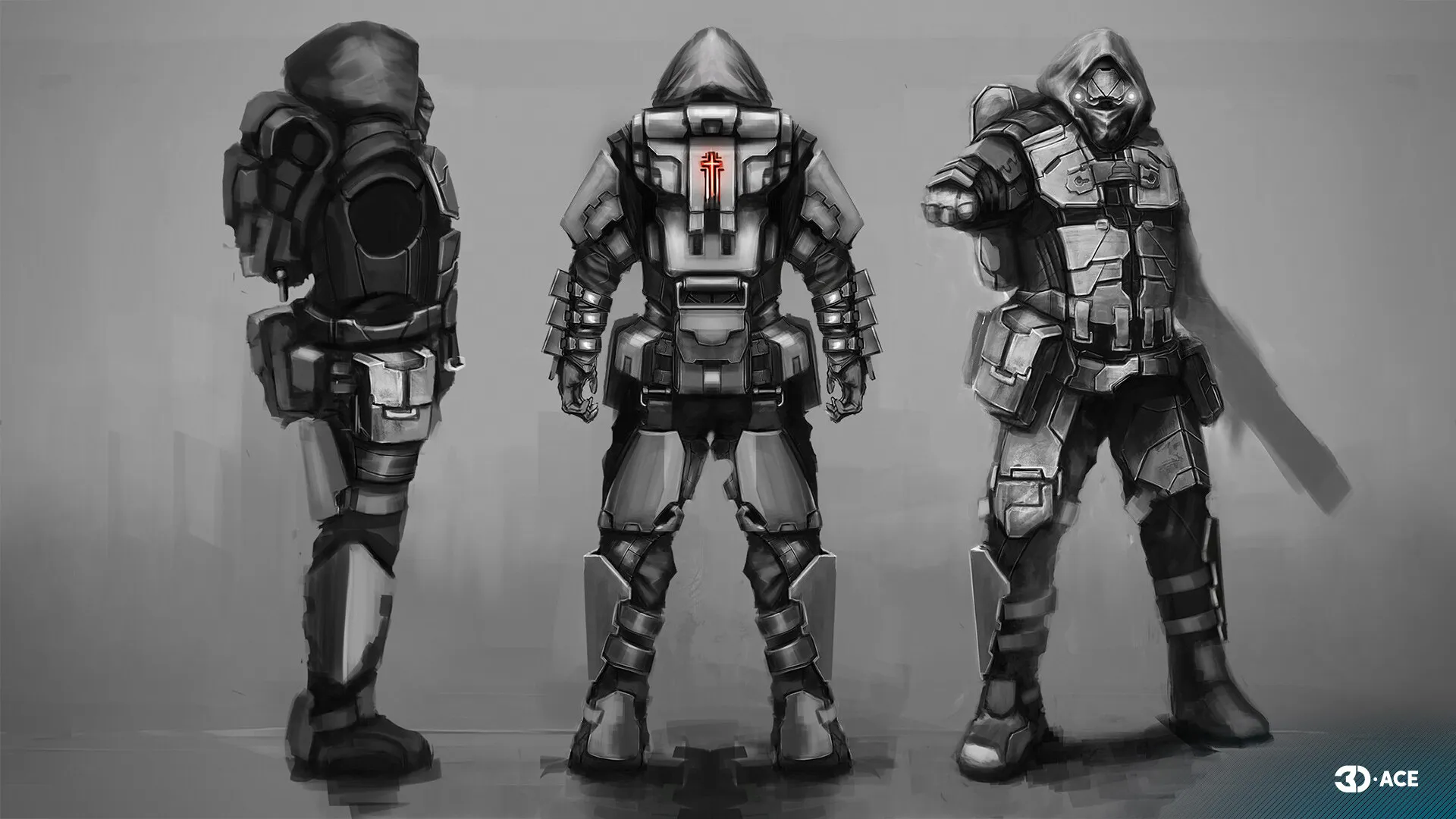 Dark hooded armored character concept art
