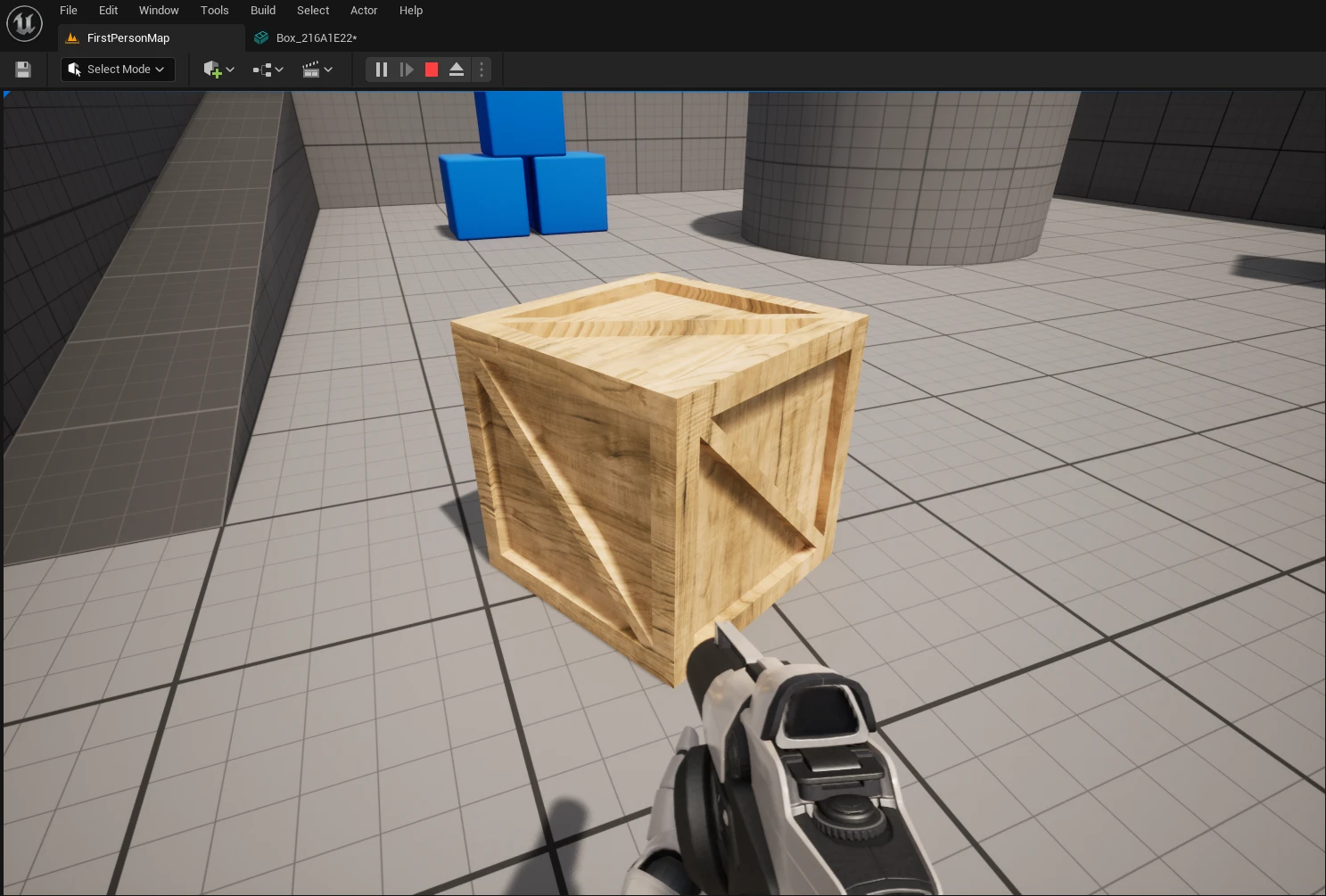 Unreal Engine 3D modeling mode editing a wooden crate in UE5