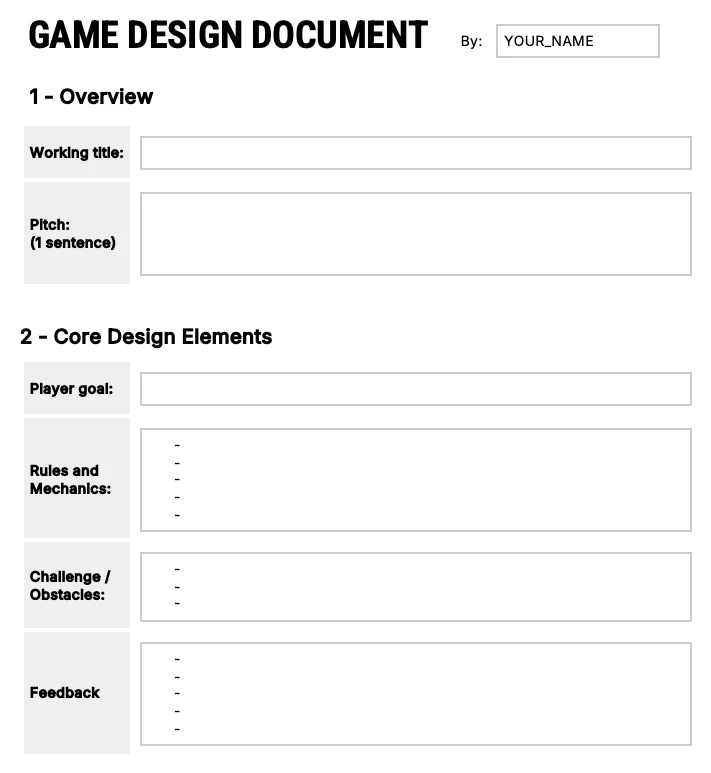 Unity game design document template, Overview and Core Design Elements sections