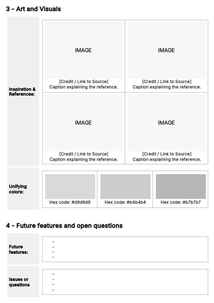 Unity game design document template, Art and Visuals and Future features sections
