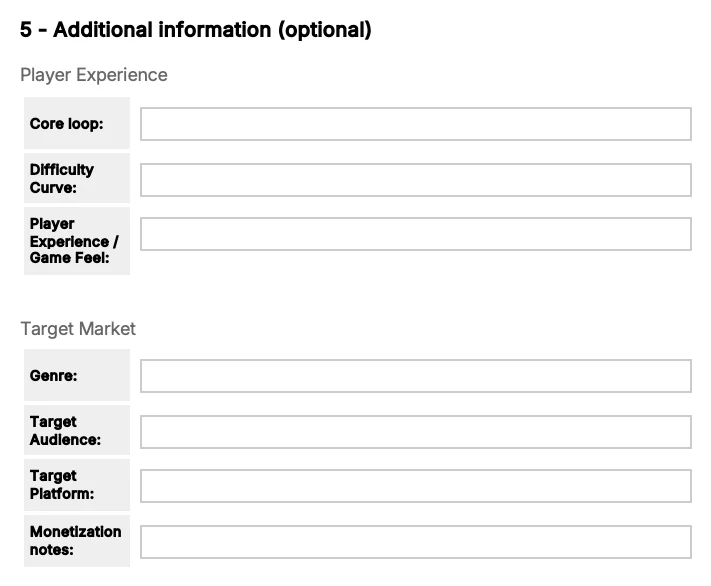Unity game design document template, Additional information section covering player experience and target market