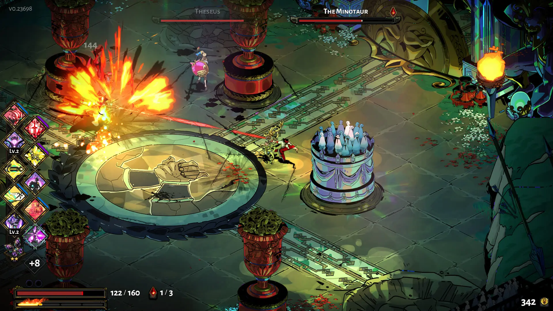 Hades roguelike gameplay featuring a boss battle with the Minotaur